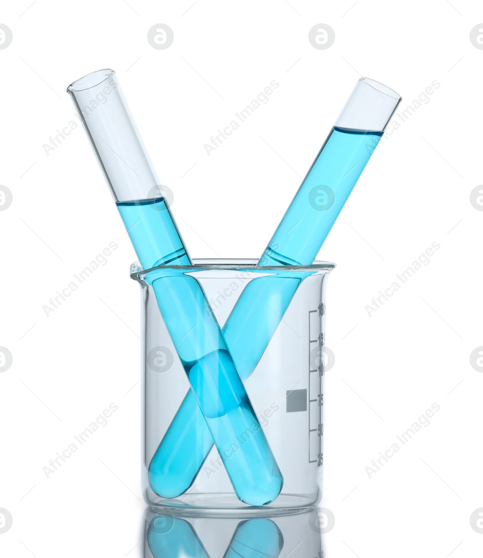 Photo of Test tubes with blue liquid isolated on white