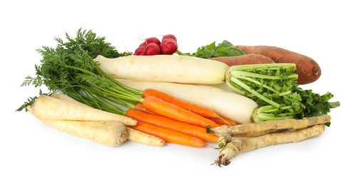 Photo of Many different root vegetables isolated on white