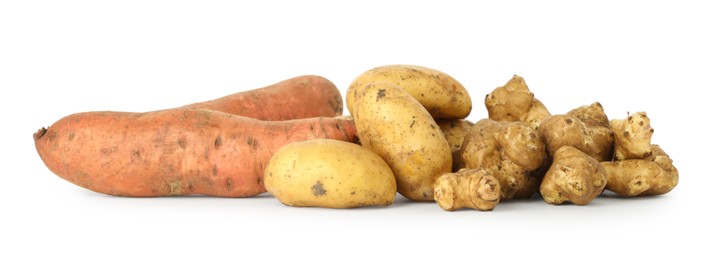 Photo of Many different root vegetables isolated on white