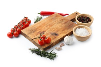 Photo of Cutting board with tomatoes and spices isolated on white