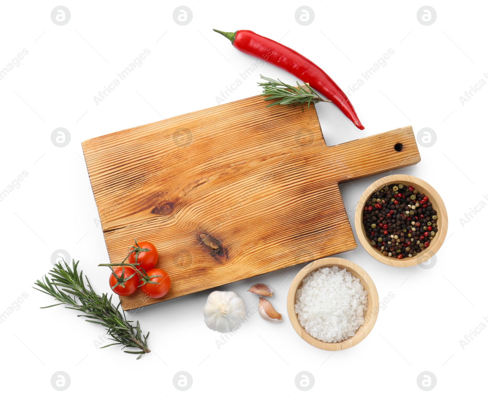 Photo of Cutting board with tomatoes and spices isolated on white, top view