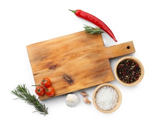 Cutting board with tomatoes and spices isolated on white, top view