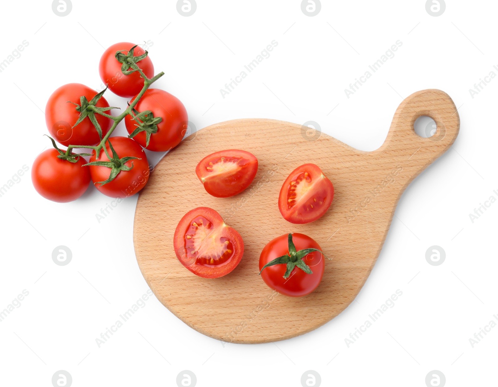 Photo of Cutting board with tomatoes isolated on white, top view