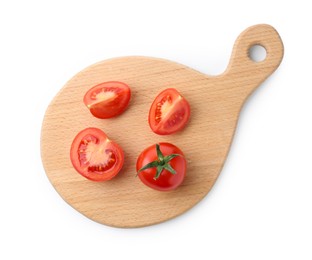 Photo of Cutting board with tomatoes isolated on white, top view