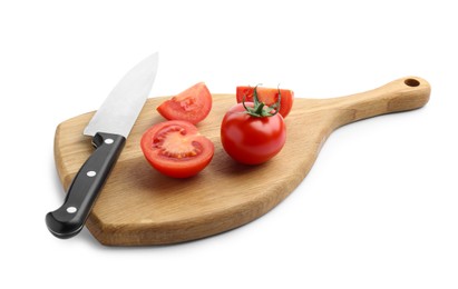 Photo of Cutting board with tomatoes and knife isolated on white