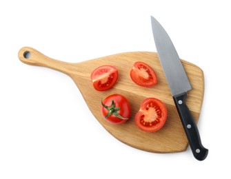 Cutting board with tomatoes and knife isolated on white, top view