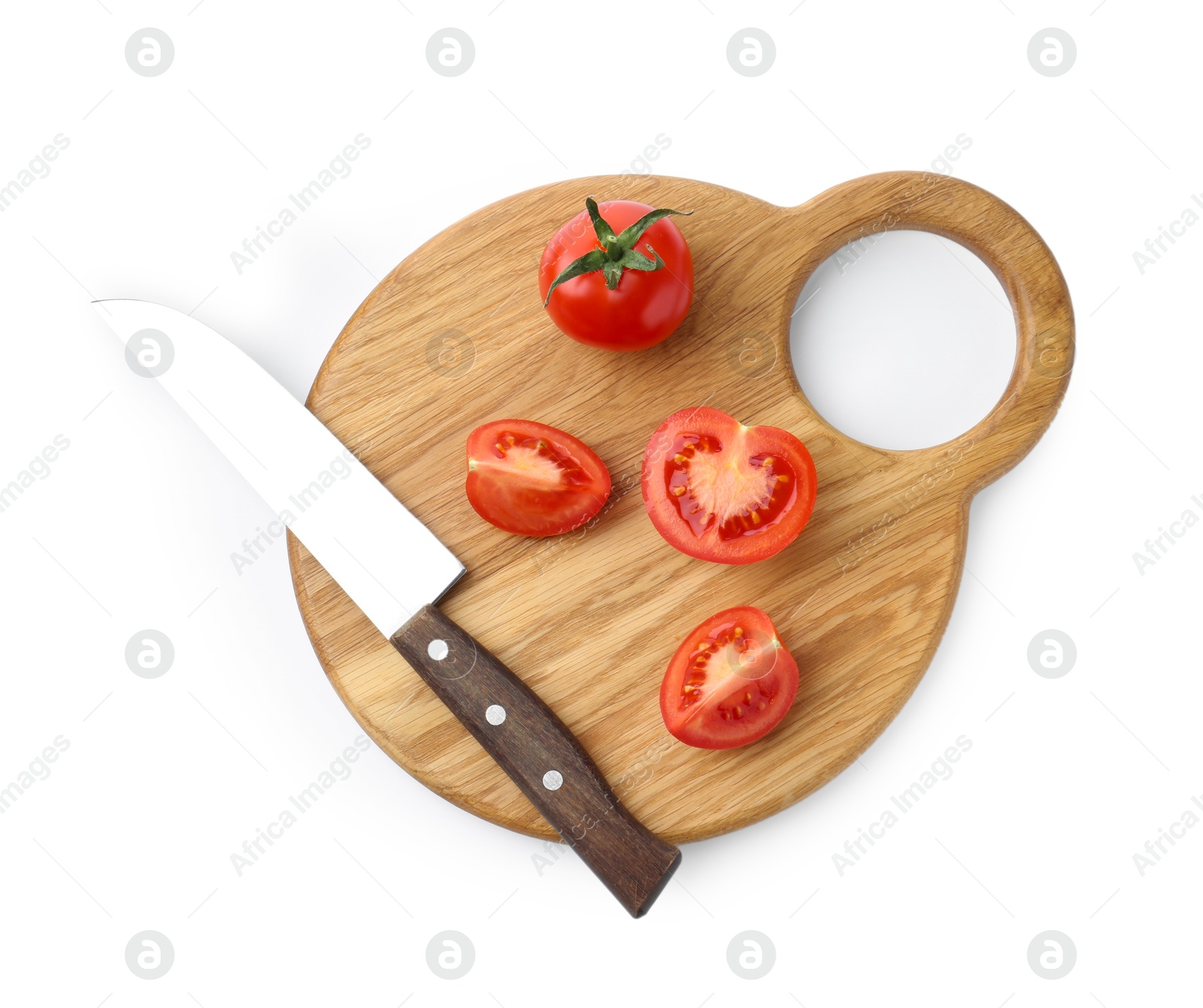 Photo of Cutting board with tomatoes and knife isolated on white, top view