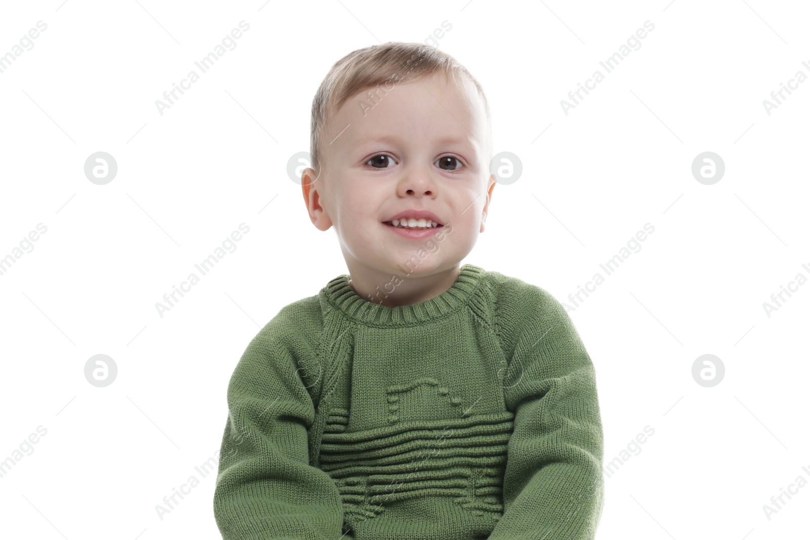 Photo of Portrait of cute little boy on white background