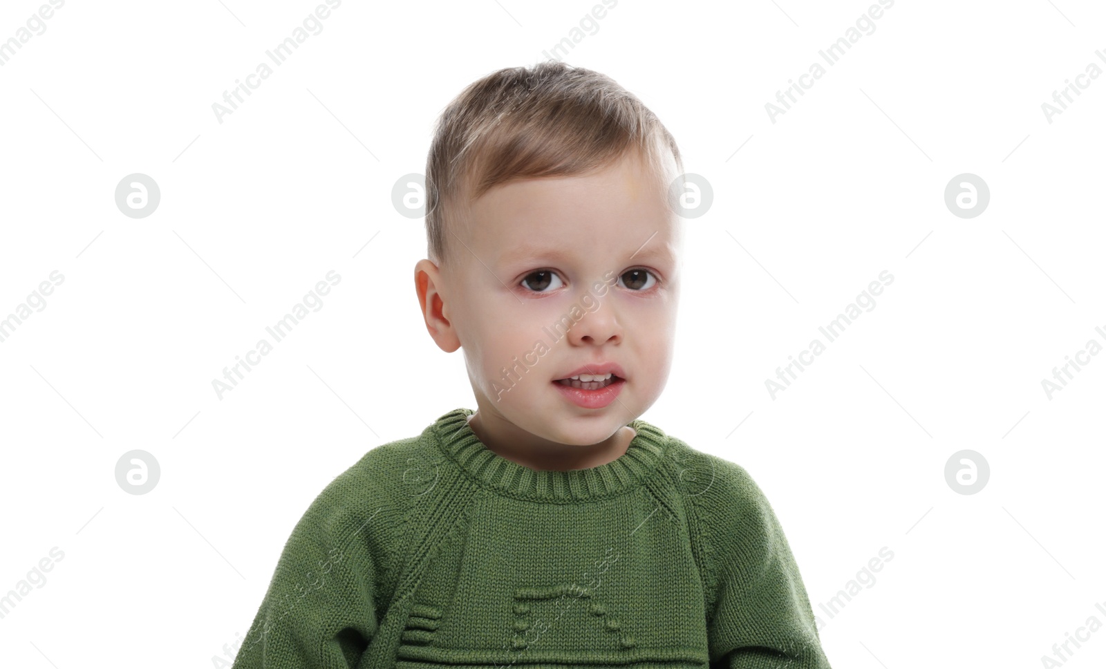 Photo of Portrait of cute little boy on white background