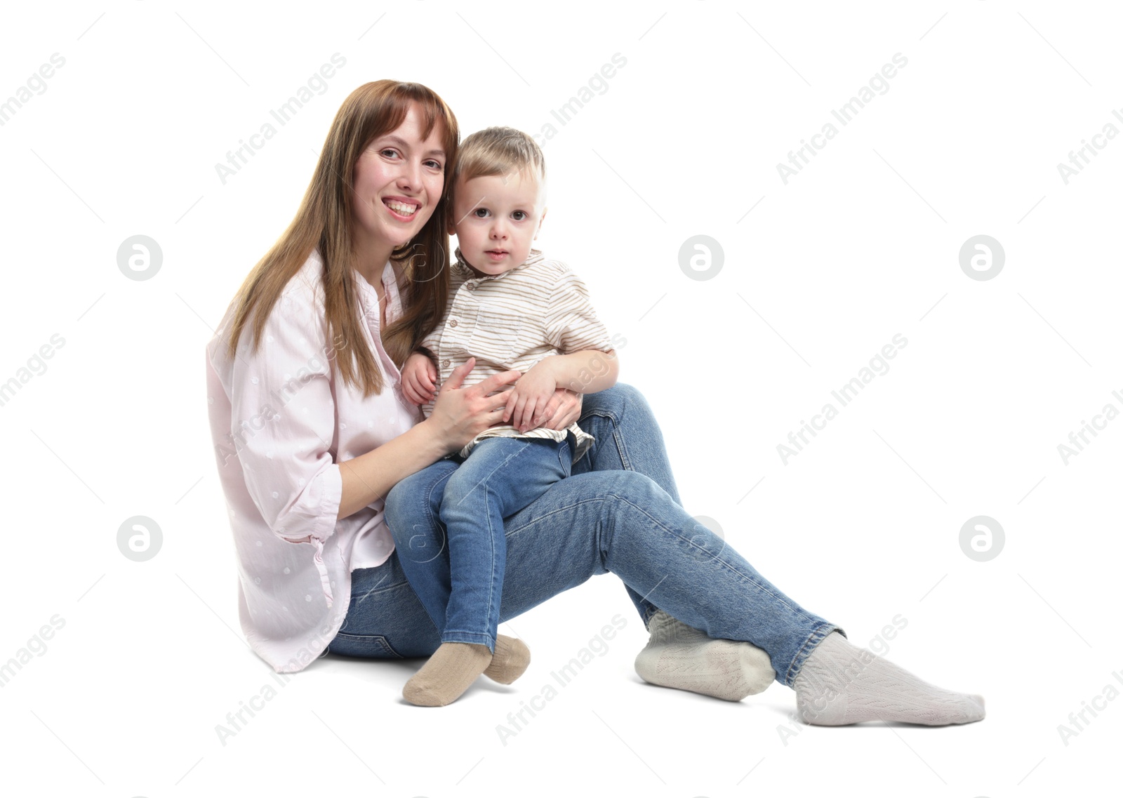 Photo of Mother and her cute son on white background