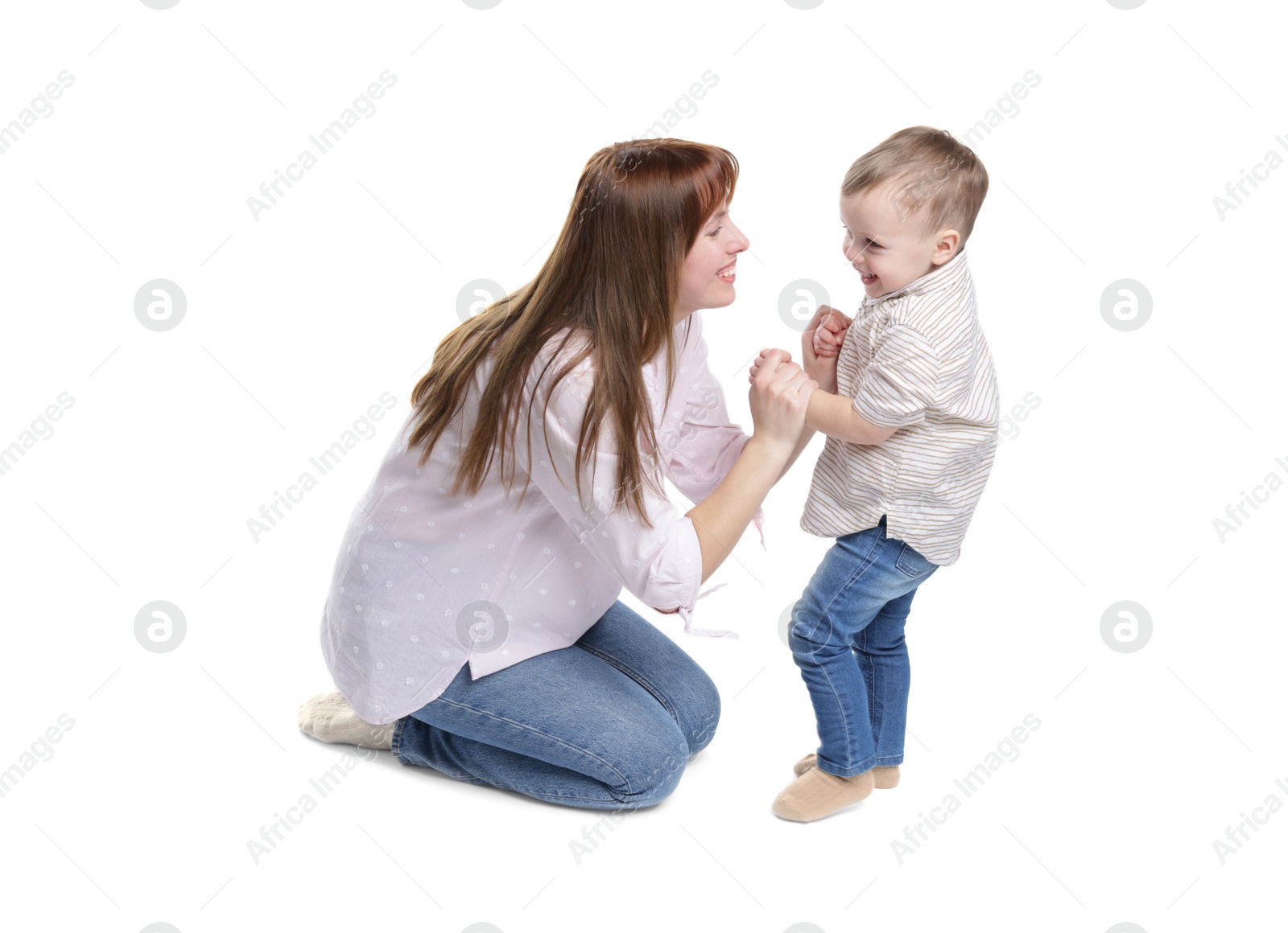 Photo of Mother and her cute son on white background