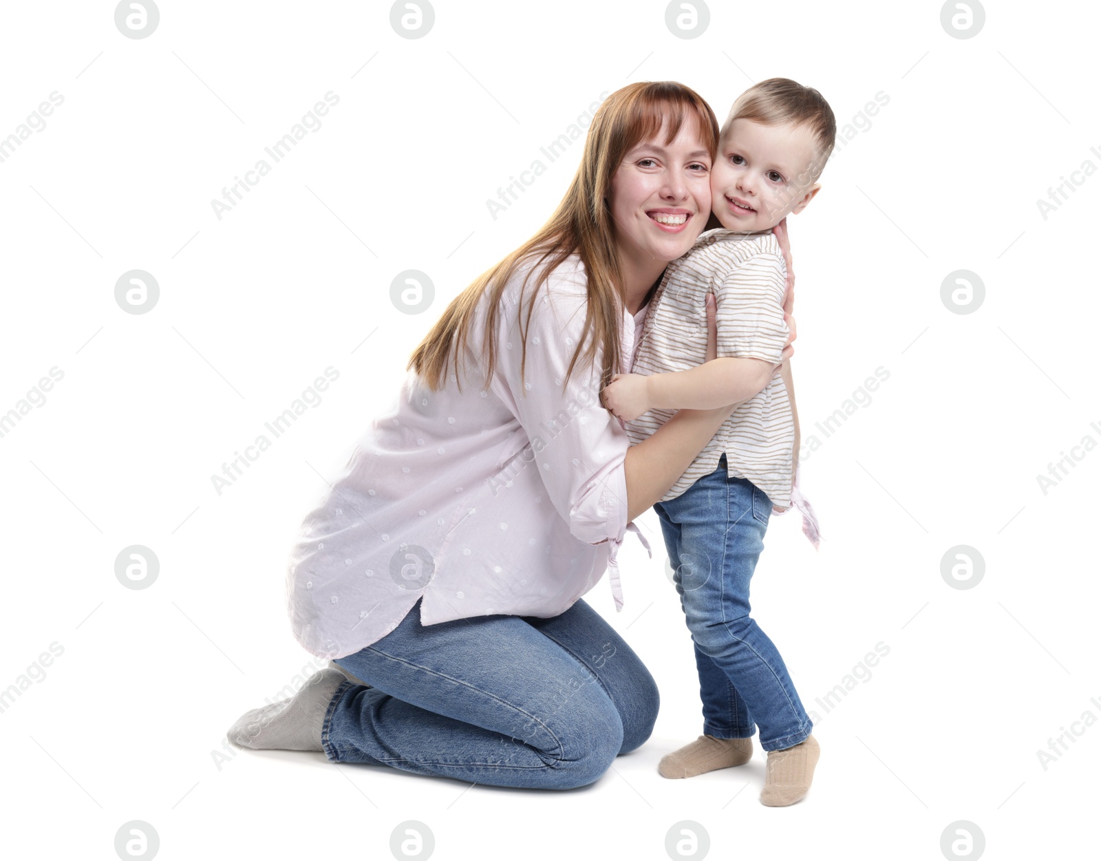 Photo of Mother and her cute son on white background