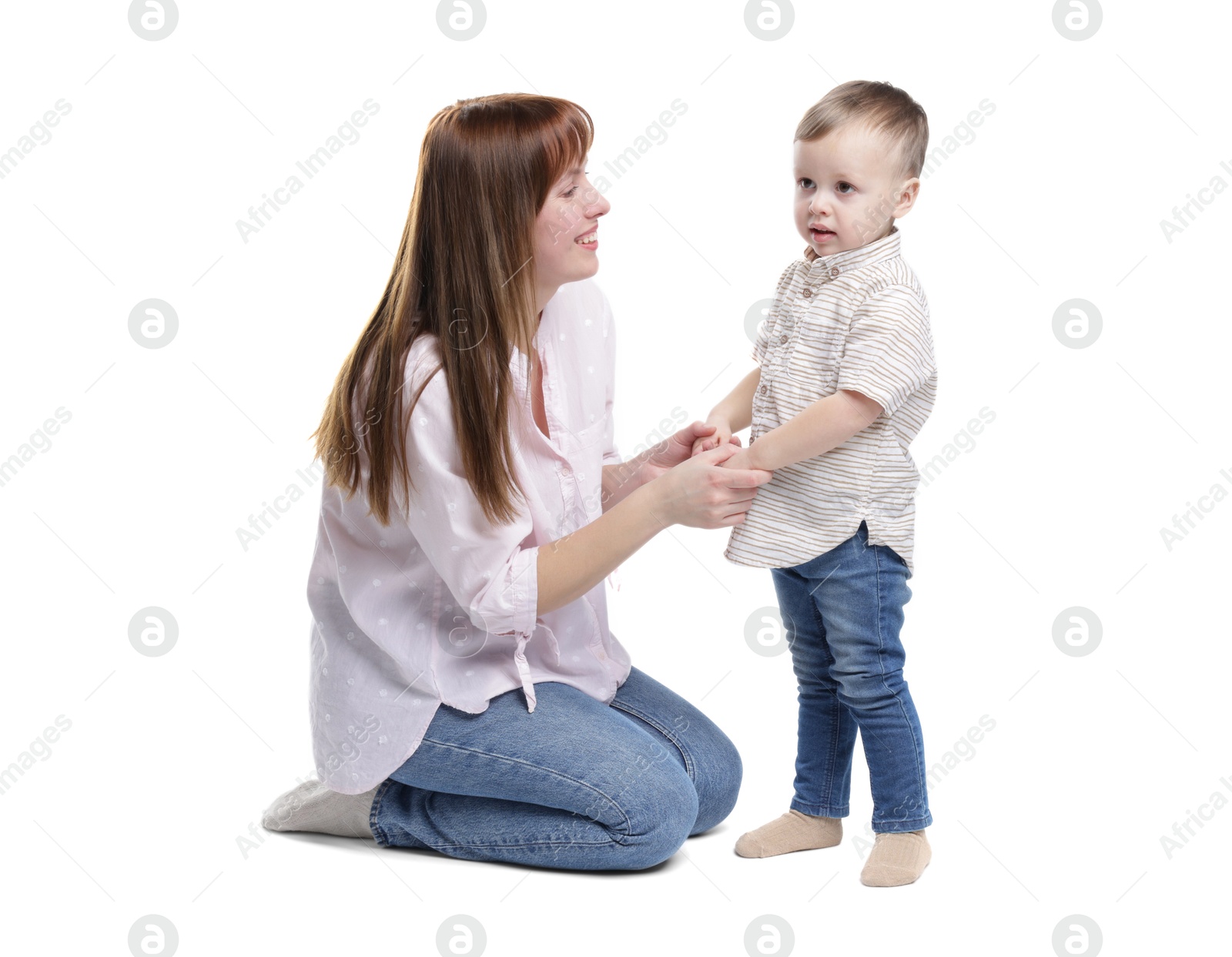 Photo of Mother and her cute son on white background