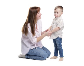 Photo of Mother and her cute son on white background