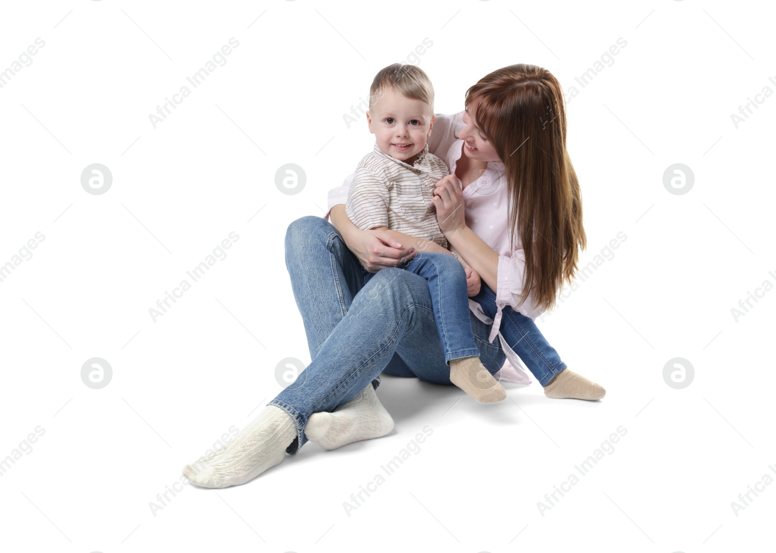 Photo of Mother and her cute son on white background