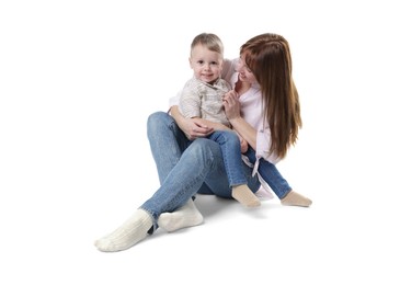 Photo of Mother and her cute son on white background