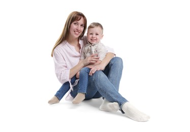 Photo of Mother and her cute son on white background