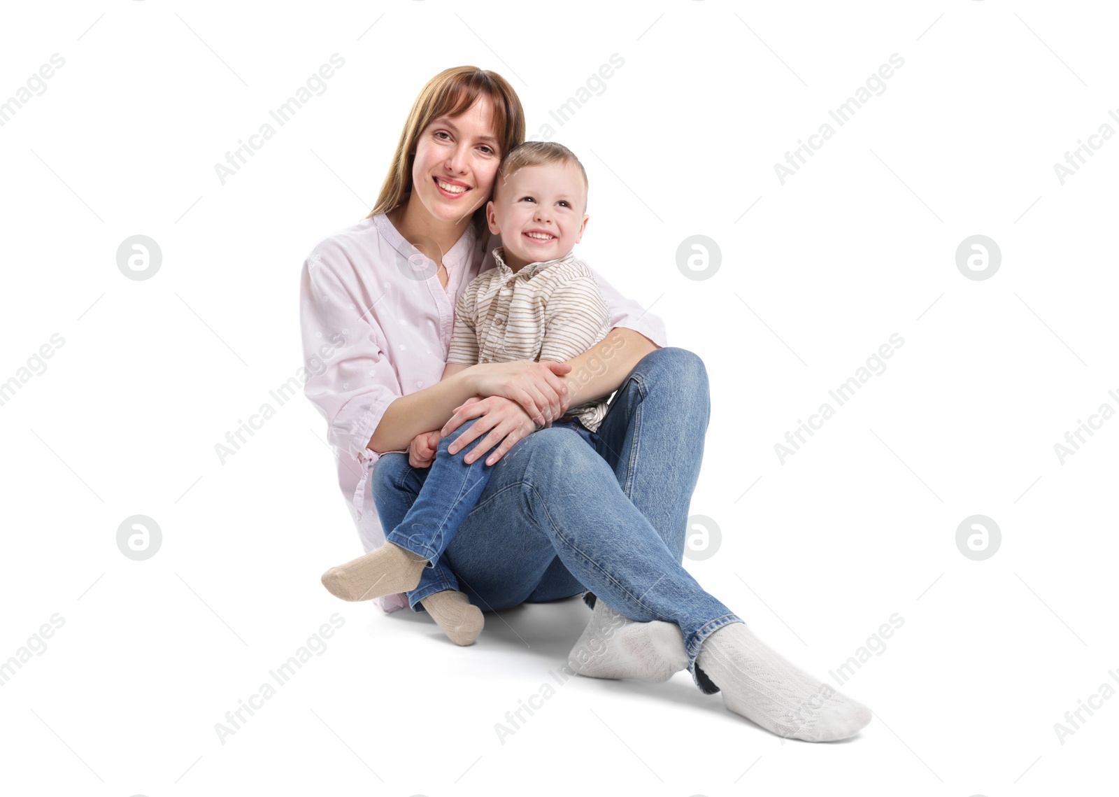 Photo of Mother and her cute son on white background