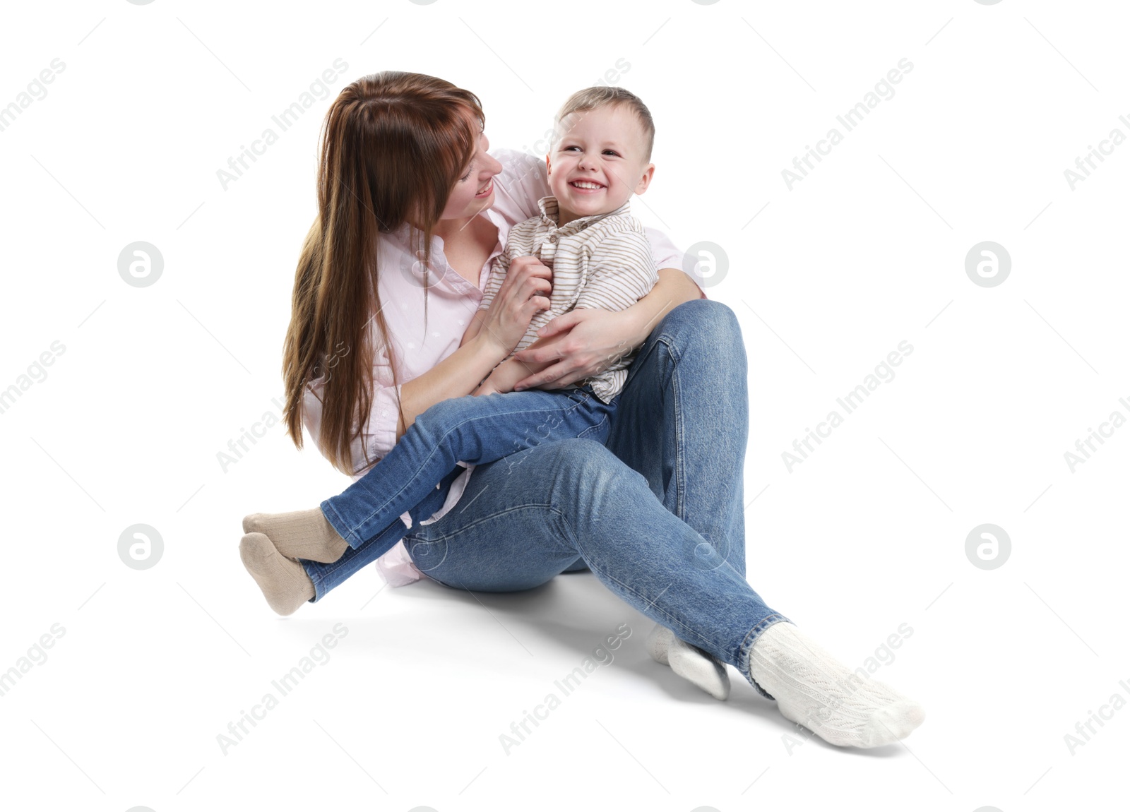 Photo of Mother and her cute son on white background