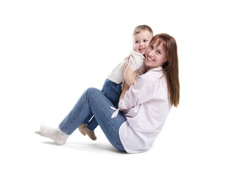 Photo of Mother and her cute son on white background