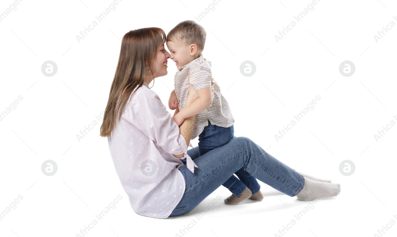 Photo of Mother and her cute son on white background