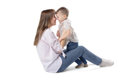 Photo of Mother and her cute son on white background