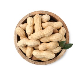 Photo of Unpeeled peanuts in bowl isolated on white, top view