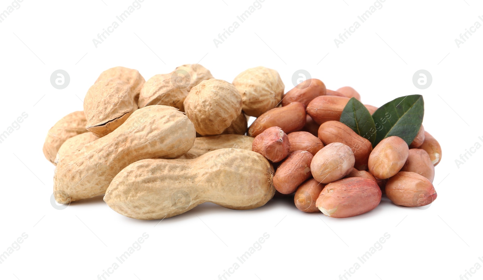 Pile of different peanuts isolated on white Photo of Pile of different peanuts isolated on white