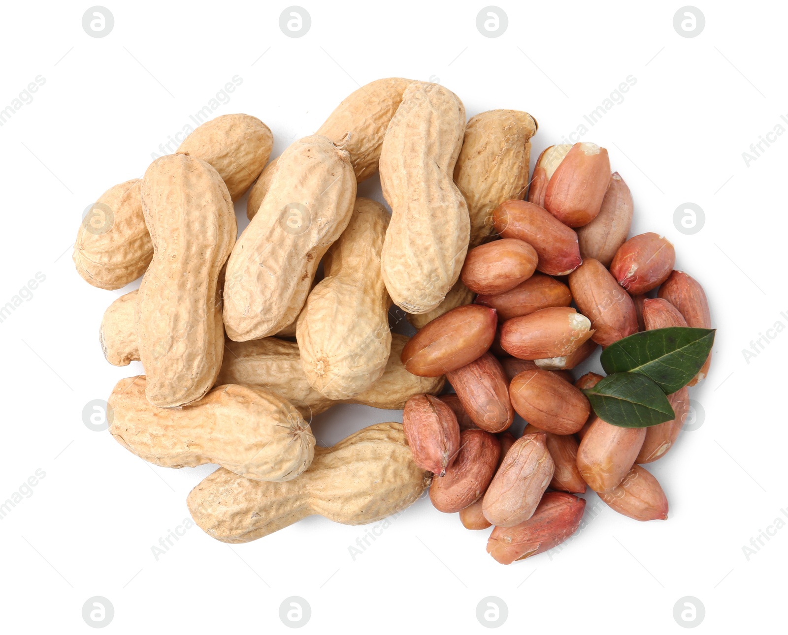 Pile of different peanuts isolated on white, top view Photo of Pile of different peanuts isolated on white, top view