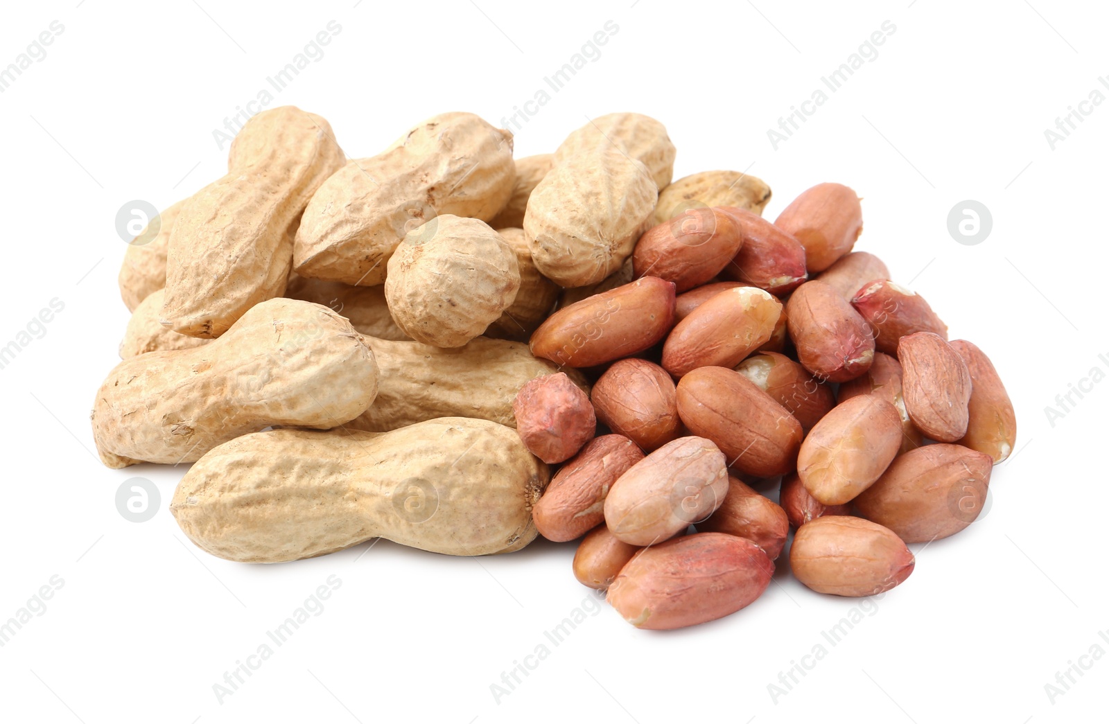 Pile of different peanuts isolated on white Photo of Pile of different peanuts isolated on white