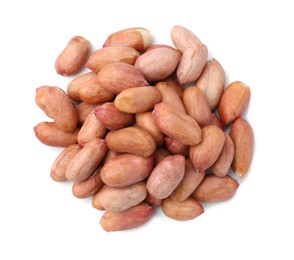 Photo of Pile of fresh peanuts isolated on white, top view
