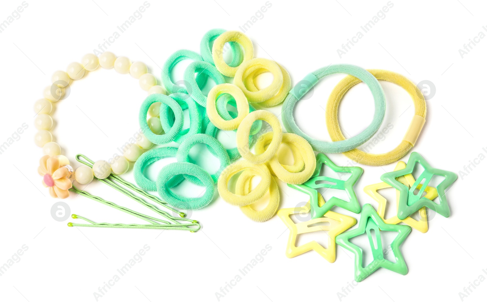 Photo of Colorful cute hair accessories isolated on white, top view