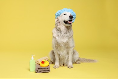 Photo of Cute dog with shower cap and other bath accessories on yellow background