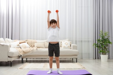 Photo of Boy training with dumbbells at home. Sport activity