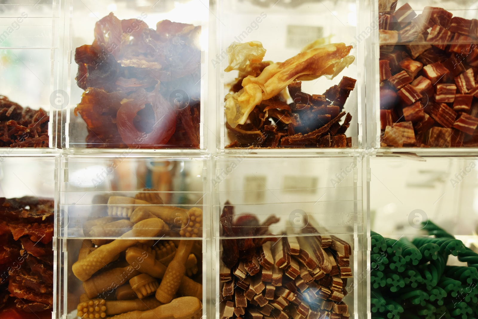 Photo of Display with different treats in pet shop, closeup