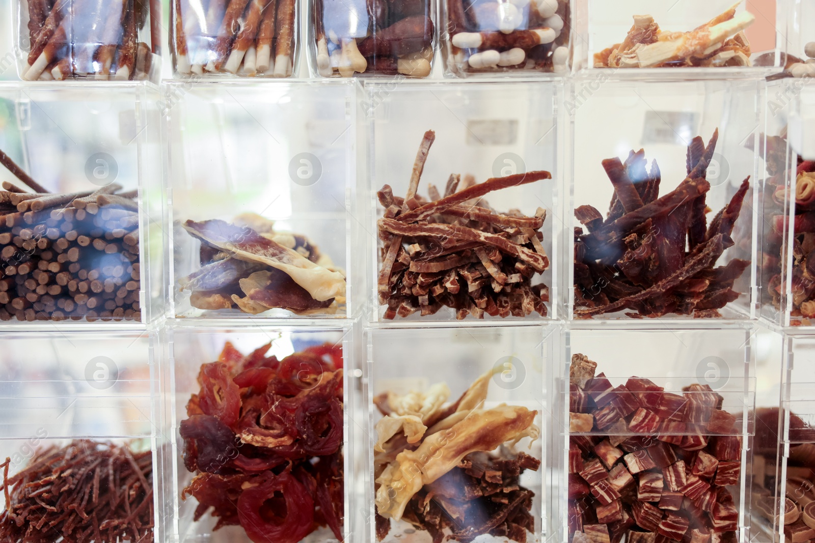 Photo of Display with different treats in pet shop, closeup