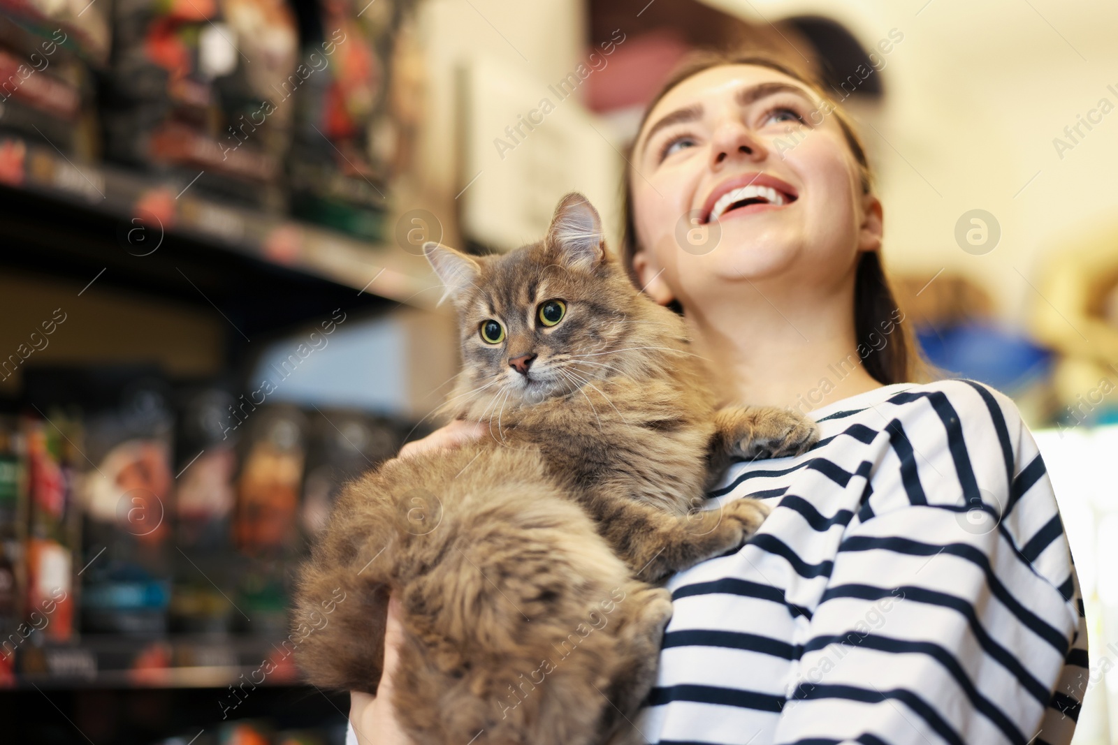 Photo of Woman with her cute cat in pet shop. Space for text