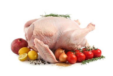 Whole raw turkey and ingredients isolated on white