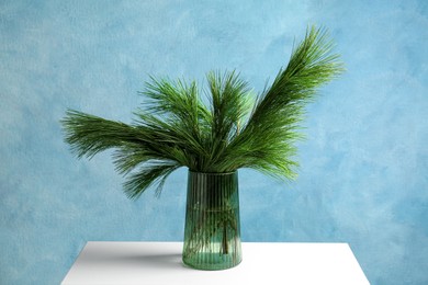 Photo of Beautiful pine tree branches on table near blue wall. Christmas decor