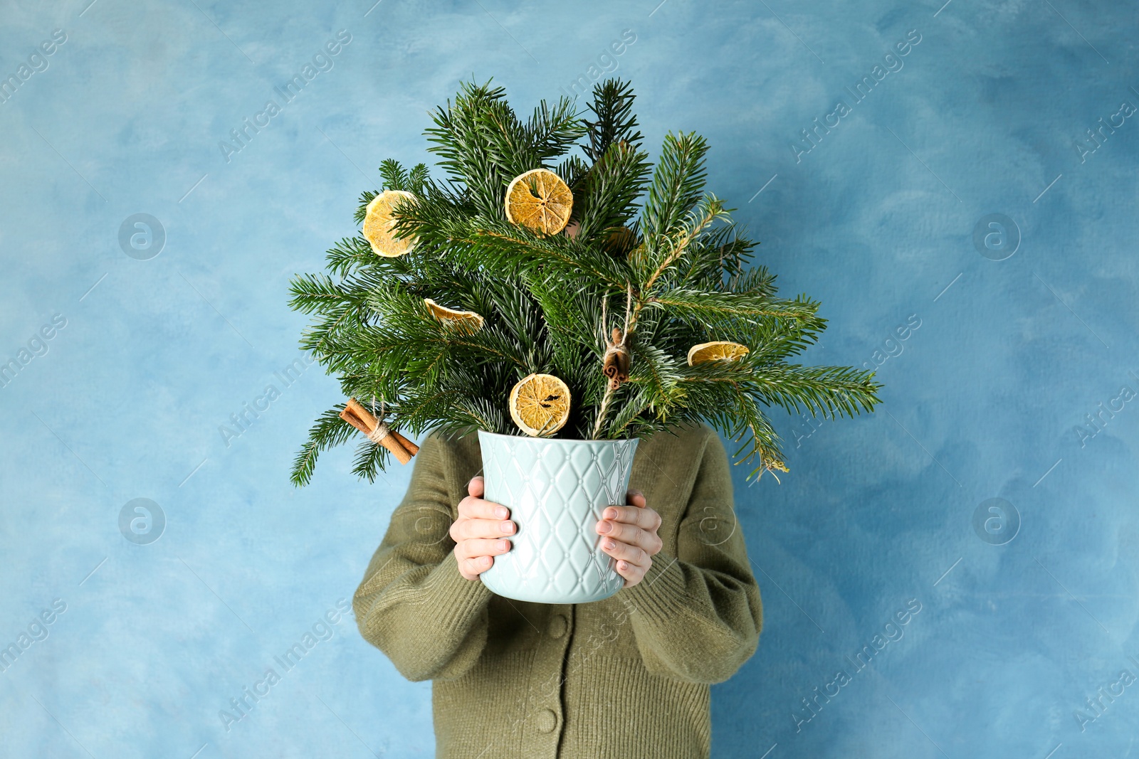 Photo of Woman holding beautiful Christmas composition of fir tree branches decorated with dried orange slices and cinnamon sticks near blue wall