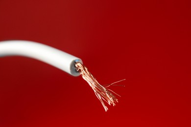 Photo of Stripped electrical wire with copper strands on red background, closeup. Space for text