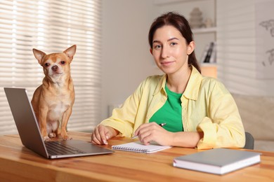 Photo of Young woman with her cute dog working on laptop at desk in home office