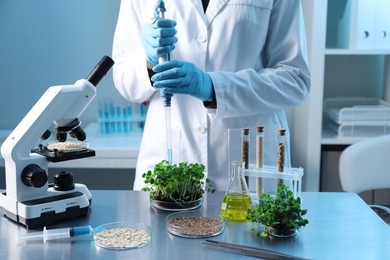 Photo of GMO concept. Scientist injecting liquid into microgreens at table in laboratory, closeup