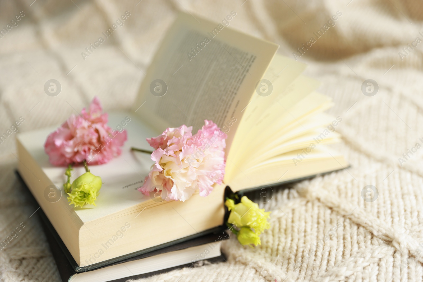 Photo of Open book with beautiful flowers on blanket, closeup