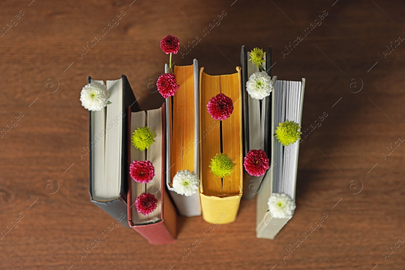 Photo of Different books with beautiful flowers on wooden table, above view