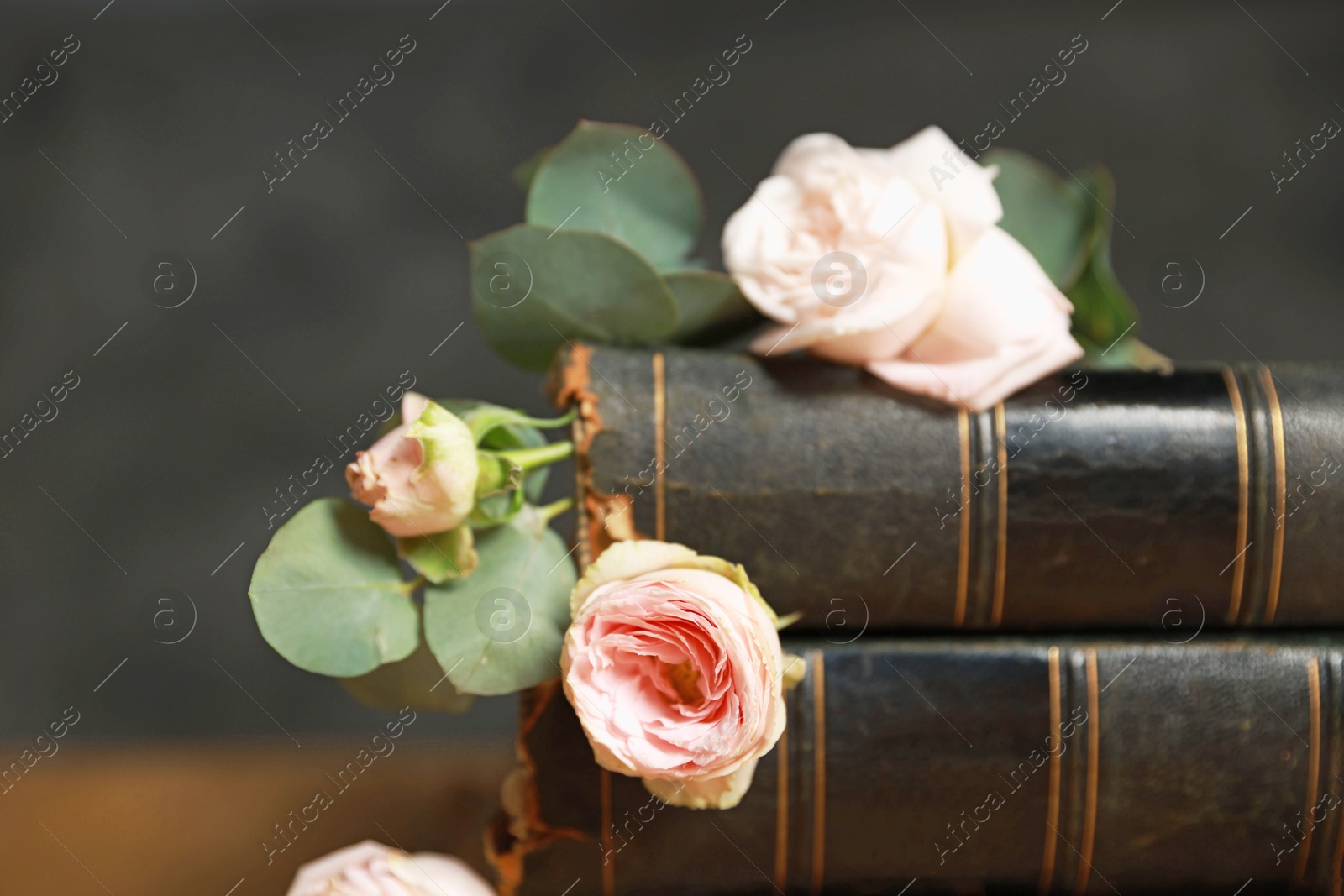 Photo of Stack of books with beautiful flowers and eucalyptus branches on blurred background, closeup