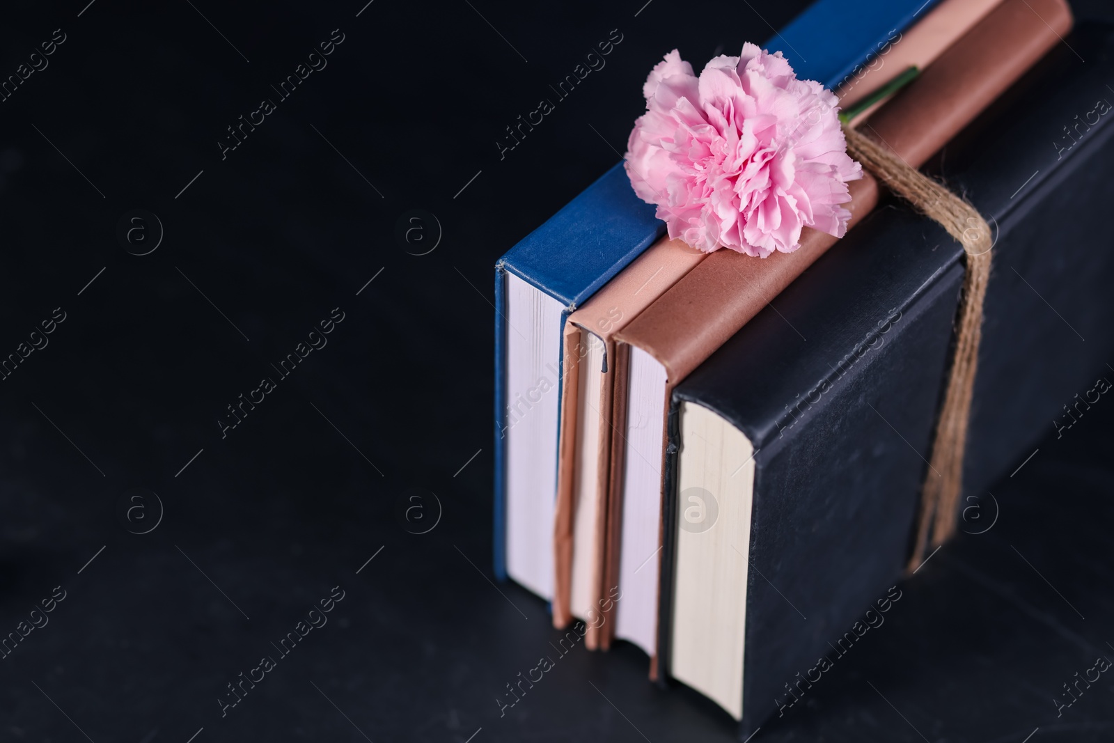 Photo of Books and beautiful flower on dark table, closeup. Space for text