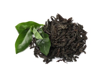 Photo of Pile of dried tea leaves isolated on white, top view