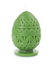 Photo of Green egg-shaped candle isolated on white. Easter decor