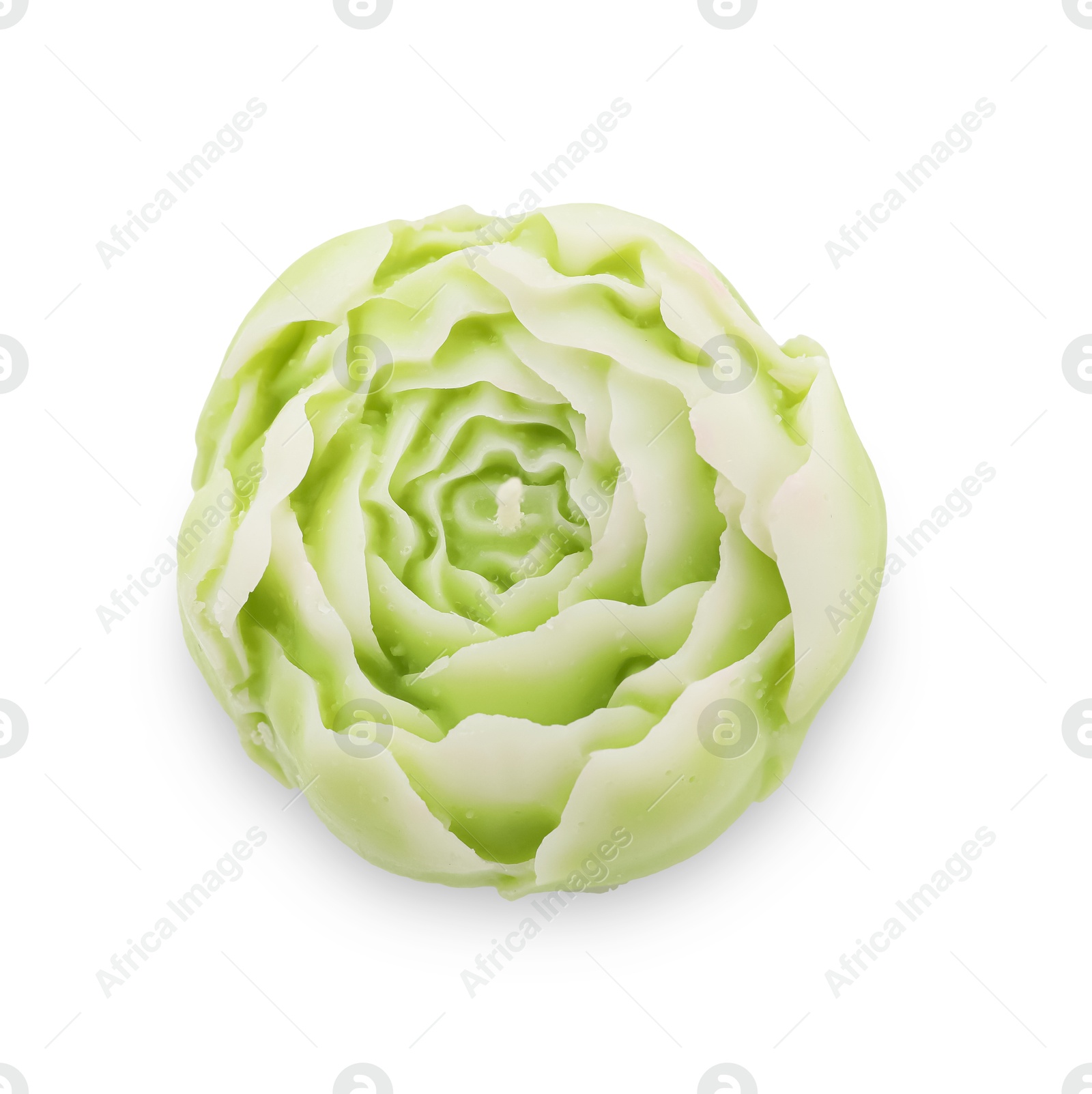 Photo of Beautiful green flower-shaped candle isolated on white, top view